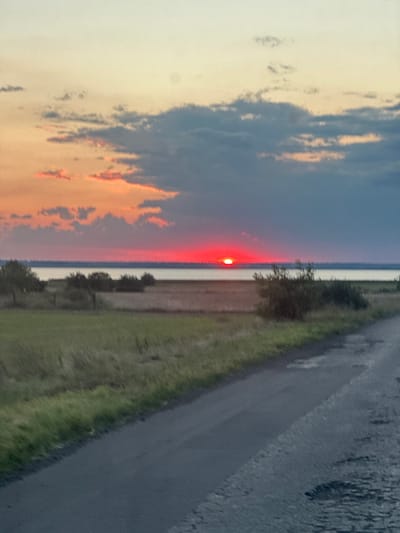 An unobstructed, low-angle, eye-level, full shot captures a rural landscape during a sunset. The sky is a gradient of colors, transitioning from a pale yellow at the top to a vibrant pink and red near the horizon. Several clouds are scattered across the sky; some are dark gray and ominous, while others are wispy and tinged with the sunset's colors. The sun, a brilliant red orb, is low on the horizon, partially obscured by the clouds, casting a warm glow over the scene.
Below the sky, a body of water stretches horizontally across the mid-ground. Beyond the water, a flat, sparsely vegetated landscape is visible, with scattered trees and shrubs. In the foreground, a dark asphalt road with a textured surface curves into the scene from the lower right corner, running diagonally across the image. To the left of the road, a grassy field extends, with dry grass and some greenery. The overall impression is one of natural beauty and tranquility.
The image is located in Kyslytsia, Ukraine, a town situated on the banks of the Danube River, known for its picturesque natural scenery.