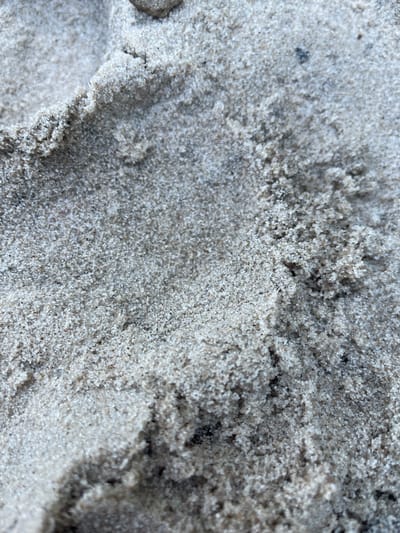 The image is a close-up, top-down view of a granular surface, likely sand. The texture is rough and uneven, with visible individual grains ranging in color from light beige to darker gray and black specks. There are areas of piled-up sand, creating small ridges and depressions, and one distinct edge appears to be a sharp, almost wave-like formation. The lighting suggests an outdoor environment, with shadows present but not casting deep darkness. The scene is entirely devoid of human presence, structures, or any identifiable landmarks. Given the provided location of Lyutizh, Ukraine, this image could represent a section of a beach, a riverbed, or a construction site with exposed sand.