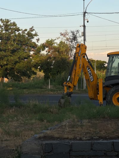 The image depicts an outdoor scene in the city of Masis, Armenia, at what appears to be either dusk or dawn given the lighting. The foreground is dominated by a yellow JCB backhoe loader, positioned next to a road bordered by tall, dry grasses and some green vegetation. The backhoe's digging arm is lowered, with the bucket touching the ground. In the midground, the road is visible with a white line marking its edge. Beyond the road, a line of trees with dense green foliage stretches across the frame, with some interspersed with drier, autumnal colors. In the background, the sky is clear and a pale blue, with a few wispy clouds. A utility pole with multiple wires and two security cameras is visible on the right side of the frame. The overall impression is one of a roadside construction or maintenance area in a semi-rural or suburban part of Masis. There are no people visible in the image.
