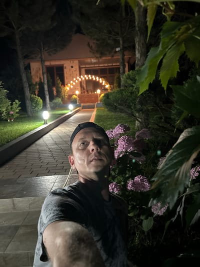 In the city of Agronom, Russia, at night, a man in a dark t-shirt and a black baseball cap is taking a selfie. He is positioned in the foreground, to the right of the frame, looking upwards. Behind him, a cobblestone pathway is illuminated by evenly spaced, small, spherical lights. The pathway leads towards a building in the background, adorned with a string of warm, bulb lights arching over its entrance. The building appears to be a house or a small guesthouse, constructed with light-colored brick. Flanking the pathway and surrounding the building are manicured bushes and grass. To the right of the man, a cluster of blooming pink hydrangeas is visible, and beyond that, large green leaves hang in the foreground, partially obscuring the scene. Trees with dark trunks and sparse foliage are scattered throughout the background. The overall atmosphere suggests a well-maintained outdoor area at a residential property.