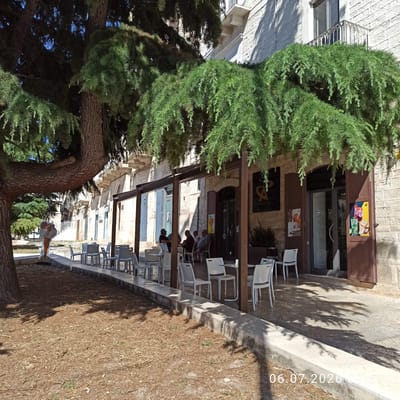 The image depicts an outdoor seating area of a cafe or restaurant in Ruvo di Puglia, Italy. In the foreground, a large, mature tree with thick branches and dense green foliage shades a patch of dry, straw-like ground cover. A low, concrete wall borders the shaded area. Beyond this, a paved patio area is furnished with several white plastic tables and chairs. Some of these tables are occupied by patrons.
The establishment itself is a single-story building with a stone facade. It features a covered outdoor seating area with wooden support posts and a brown awning. The entrance to the building appears to be a dark-colored door with glass panels. Advertisements for ice cream and beverages are visible on the exterior. The architecture suggests a traditional Italian style, consistent with a town like Ruvo di Puglia. The lighting indicates it is daytime, likely a sunny afternoon, casting distinct shadows from the tree and awning onto the patio. The overall scene conveys a relaxed, outdoor dining or cafe atmosphere.