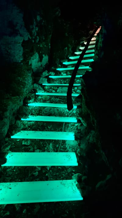 The image shows a pathway in Bukovik, Montenegro. The path is illuminated by a series of vertical, rectangular lights emitting a bright teal glow. A dark wooden rail runs along the path, partially obscured by the light. The surrounding environment appears rocky, with vegetation growing among the stones. The overall setting is dark.