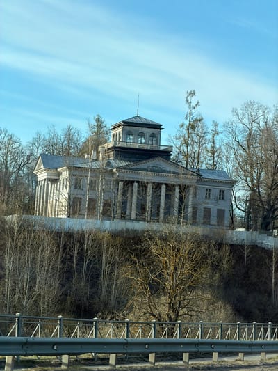 A vertical, wide shot captures a serene daytime scene featuring an imposing, classical-style building partially obscured by bare trees. The building, likely a manor or estate house, stands weathered with a pale, possibly grey or white facade, featuring prominent columns, multiple windows (some appearing boarded up), and a distinctive dark-colored dome-like structure on its roof. A flagpole extends from the top of this dome. The architecture suggests a historical European influence.

In the foreground to the right, a metal crash barrier or guardrail, typical of a road or highway, runs vertically, suggesting the photo was taken from a vehicle or roadside. Beyond the barrier and surrounding the building are numerous deciduous trees, devoid of leaves, indicating either late autumn, winter, or early spring. Their intricate branches create a natural canopy.

The sky is a clear, light blue with subtle, wispy cloud formations, dominating the upper portion of the frame. There appears to be a calm body of water or a very still, reflective surface in the middle ground, just in front of the building, mirroring parts of the structure and the sky. The overall impression is one of quiet grandeur, possibly hinting at a historical landmark in a state of disrepair, situated within a tranquil, dormant landscape near a thoroughfare. No human activity or visible text is present. The setting is likely Рождествено, Russia, as per the location context.