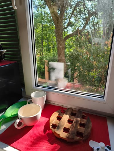 A sunny windowsill in Sokolivske, Ukraine, features two white ceramic cups, a green plastic object, a round wooden trivet, and a small white object with black spots. The cups are placed on a red placemat, with one cup in front of the other. The wooden trivet is to the right of the cups. Beyond the windowsill, through a dirty windowpane, lush green trees and foliage are visible, suggesting an outdoor natural setting. The light streaming in indicates it is daytime, likely morning or afternoon.