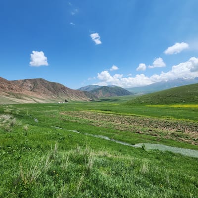 The image depicts a wide, verdant valley with rolling green hills and mountains in the background under a bright blue sky with scattered white clouds. A small stream or irrigation channel meanders through the foreground. The landscape is predominantly natural, with some signs of cultivation in the mid-ground, where patches of tilled earth are visible amidst the grass. Distant mountains show varying shades of green and brown, with some possibly snow-capped peaks visible on the horizon. A few structures, appearing to be farm buildings or houses, are sparsely scattered in the middle distance. The scene evokes a sense of rural tranquility and vastness. The location is identified as Temirkanat, Kyrgyzstan.