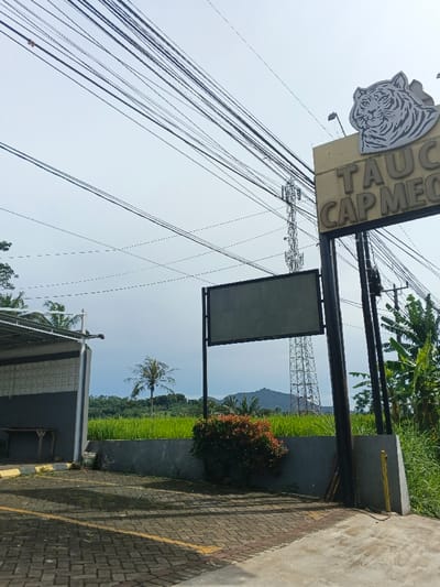 This outdoor scene, likely captured in Carcar, Philippines, presents a bright, clear day with a mix of commercial infrastructure and natural landscape. Numerous overhead power lines crisscross the upper sky, dominating the visual space. To the right, a prominent, beige-colored sign features a stylized tiger's head logo and the partially visible text "TAUC CAP MEC". Below it, a blank black-framed signboard stands ready for information.
In the midground, a tall metal telecommunications tower rises, hinting at connectivity in the area. Beyond a low grey wall that separates the foreground from the background, lush green fields, possibly rice paddies, stretch towards distant mountains under a bright sky. Palm trees and other tropical foliage dot the landscape, including a vibrant red-leafed bush near the sign. On the far left, an open-sided building with a metal roof and grey walls suggests a workshop or an open shed, with a wooden table visible within. The foreground features a paved area of interlocked bricks and concrete, indicating a parking or access space. No people or specific activities are visible, conveying a sense of quietude in this rural or semi-urban setting.