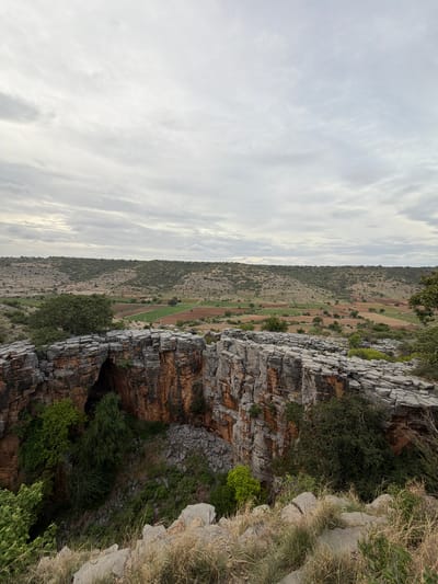 The image depicts a vast, rocky landscape with a dramatic cliff face in the foreground. The cliff, composed of layered grey and reddish-brown rock, has numerous crevices and is overgrown with patches of green vegetation and dry, yellowed grass. Sunlight casts shadows, indicating it is likely daytime. Beyond the cliff, a valley stretches out, revealing agricultural fields in various shades of green and brown, interspersed with arid, scrub-covered hillsides. The sky above is overcast with diffused light filtering through pale, wispy clouds, suggesting a cloudy or hazy day.
The scene is a natural, undeveloped environment, likely a rural or mountainous region. The presence of cultivated fields indicates human activity in the area, though no people are visible in the frame. The overall impression is one of rugged natural beauty and the contrast between the harsh, rocky terrain and the cultivated land below. There is no visible text within the image. The orientation of the image is such that the cliff face appears to be on the right side, and the valley and sky on the left, indicating it was likely taken with the camera held in a portrait orientation and then rotated. The location context of Gollagutta, India, aligns with the arid, hilly terrain and agricultural patterns visible.