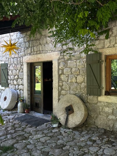 An exterior view in Bartula, Montenegro, depicts the stone facade of a building partially obscured by dense green foliage overhead. The building features walls constructed from irregular, light-colored stone blocks. A central wooden door, painted greenish-brown with a glass panel, is ajar, reflecting green foliage and a distant structure; a dark interior is visible. The doorway is framed by large, worn stone blocks.
To the left of the door, a closed dark green wooden shutter covers a window opening. To the right, another dark green wooden shutter is slightly ajar, revealing a wooden window frame and a glass pane reflecting greenery. A small pinecone rests on the sill below this right window. Suspended from above, to the left of the doorway, is a large, multi-pointed yellow star decoration.
In front of the building, the ground is paved with irregular grey-brown cobblestones, with sparse weeds growing between them. A rectangular, dark grey doormat is positioned directly in front of the open door.
Two large, round, light-grey stone millstones lean against the building's facade. The millstone on the left has a reddish-brown metal hub; the millstone on the right features a dark, L-shaped metal fitting. Several plants in pots and vessels decorate the area: a tall, grey metal milk churn contains plants with small orange flowers near the left millstone, a smaller reddish-brown pot with green plants is next to it, and a white pot with a small plant and a pink flower is to the right of the doormat.
The scene is lit by natural daylight, with significant shadows cast by the overhead foliage, creating a dappled effect. No people are visible.