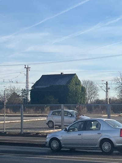 The image, oriented vertically but depicting a landscape scene, captures an outdoor environment under a clear, bright blue sky with several faint contrails.

In the foreground, running horizontally across the upper part of the sky, are multiple power lines or overhead railway lines. A utility pole supporting these lines is visible on the left side of the frame.

The midground features a large building, possibly an industrial or commercial structure, notable for its extensive green roof and partially greened walls, covered in dense green foliage. Beyond this building, a line of bare trees suggests either winter or early spring.

On the right side of the image, two silver cars are parked alongside what appears to be a road or parking area. The front half of one silver car, a hatchback or small sedan, is prominently visible. Its alloy wheels are clearly detailed. Behind it, the rear section of a similar silver car can be seen. A sturdy metal fence runs between the parked cars and the building/trees in the midground.

The scene is illuminated by bright sunlight, indicating daytime. The weather appears clear and calm. There is no visible human activity or text in the image. The style of infrastructure and vehicles is consistent with a European, specifically German, setting, aligning with the provided location context of Schweinfurt, Germany.