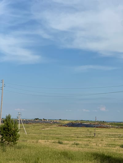 A wide shot captures a vast, green field under a bright blue sky dotted with wispy white clouds. The image is oriented vertically, with the sky occupying the left two-thirds and the field the right third. Power lines stretch across the sky, supported by utility poles, with one pole prominently featured in the lower right quadrant. In the distance, a dark, textured area resembling a landfill or construction site runs along the edge of the field, bordered by a line of trees. A small, bushy evergreen tree is visible in the foreground of the field. Small, dark specks, likely birds or insects, are scattered throughout the sky and field. The sunlight suggests it's daytime. The scene appears to be in a rural or semi-rural location, possibly agricultural or industrial. No text is visible.