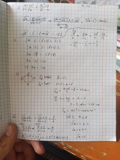 The image shows a close-up of a spiral-bound notebook with grid paper, filled with handwritten mathematical equations and diagrams. The notebook pages are ruled with blue lines and have a red margin on the left. The handwriting is in blue ink and appears to be that of a student.
Several math problems are visible, including algebraic expressions, equations involving square roots, and geometric figures. One problem appears to be a fraction addition, another an inequality, and a third involves a trapezoid and a circle. The problems are numbered 3, 4, 5, and 6.
There are no people, objects, or environmental elements that would suggest a specific location within the city of Kyzyltog (Krasnogorsk), Uzbekistan, or any other location. The image is solely focused on the content of the notebook.