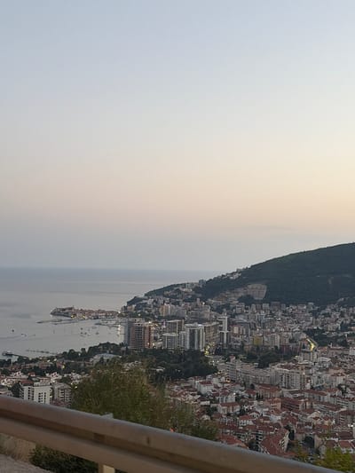 This image captures a panoramic view of a coastal town nestled against a steep, forested hillside. The scene is dominated by a dense collection of buildings with terracotta roofs, interspersed with modern high-rise structures. The town sprawls down towards a calm body of water, likely a bay or harbor, dotted with numerous boats and yachts.

The time of day appears to be either early morning or late evening, judging by the soft, diffused light and the warm, hazy glow on the horizon. The sky is a pale gradient of blue and cream, suggesting a tranquil atmosphere. A metal guardrail is visible in the foreground on the right, indicating the vantage point is from an elevated position, possibly a road or a lookout point overlooking the town.

The hillside to the left is covered in dark green, dense vegetation, adding a natural contrast to the urban landscape. The overall impression is one of a bustling, picturesque Mediterranean or Adriatic coastal settlement. The specific location context provided is Košljun, Montenegro, which is consistent with the visual characteristics of a coastal town in this region. No people or specific activities are clearly discernible in the image, but the presence of boats implies maritime activities. There is no visible text in the image.