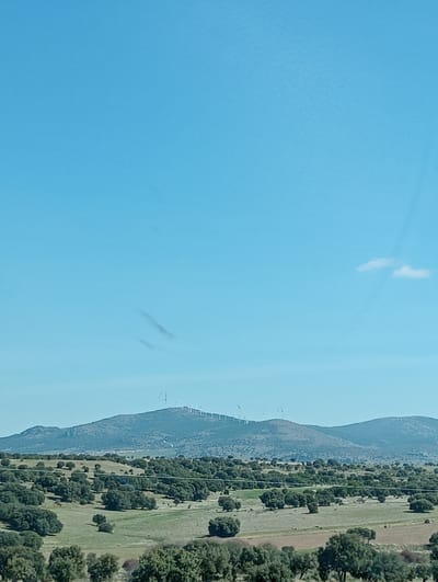 The image displays an expansive rural landscape in Bernuy-Salinero, Spain. The upper two-thirds of the frame are occupied by a clear, light blue sky, which contains two faint, dark, wavy streaks in the upper-middle left and a small, elongated white cloud in the upper right. The mid-ground is dominated by a range of dark green, vegetated hills and mountains. Along the ridge lines of these hills, approximately 15-20 white wind turbines are visible, horizontally spanning the crests. A light-colored dirt track is faintly discernible winding up one of the hills. The foreground and lower-midground comprise undulating terrain featuring a mosaic of light green fields, some patches of tilled brown earth, and numerous scattered dark green, broadly rounded trees. No individuals, animals, or specific actions are visible within the depicted environment.