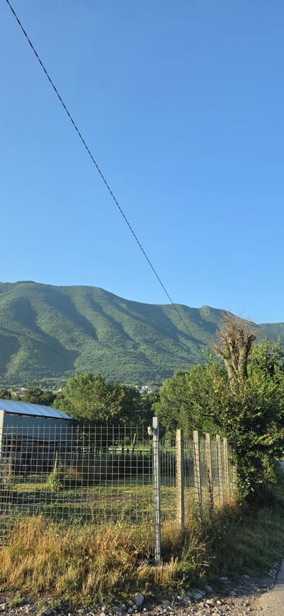The image depicts a rural landscape with a clear blue sky dominating the upper portion. A thin black wire traverses the sky diagonally from the upper left corner. In the mid-ground, a lush green mountain range with visible undulations and shadows forms the backdrop. In the foreground, a metal fence with square mesh panels encloses an area with dry grass and vegetation. To the left of the fence, a section of a corrugated metal building is visible. A bare tree with a distinctive shape stands to the right of the fence, surrounded by green foliage. In the distance, beyond the trees and in front of the mountains, a small town with buildings can be seen. The scene appears to be located in the vicinity of Solopaca, Italy, as indicated by the context of the query.