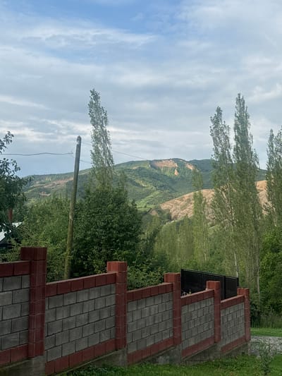 The image shows a rural landscape under a cloudy sky. In the foreground, a low fence made of gray concrete blocks and red brick accents runs horizontally across the frame. Behind the fence, lush green trees and tall, slender trees dominate the middle ground. A wooden utility pole with wires extends upwards from the left side of the image. In the background, rolling hills are visible, with a section of a bare, tan-colored hillside that appears to be a landslide or quarry. The scene appears to be located in or near Kashka-Suu, Kyrgyzstan, given the hilly terrain and vegetation typical of the region. There are no people or animals visible in the image.
