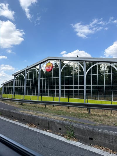 This media file shows a roadside view under a bright, partly cloudy sky. The scene is dominated by a modern, tall sound barrier, likely a noise wall, constructed with metal framing and large glass panels. The glass reflects the surrounding trees and the blue sky with scattered white clouds, suggesting it's daytime. The sound barrier has a distinctive design with a series of arched sections at the top, each filled with a grid of square panes. A bright yellow-green trim runs horizontally along the lower portion of the barrier.
A circular red sign with yellow text is prominently displayed on one of the glass panels, partially obscured by the structure's frame. The text on the sign is "GRAND FRAS".
To the right of the sound barrier is a road surface with a white line marking. A concrete curb separates the road from a strip of dry grass and weeds. The overall impression is of a highway or a major road bordered by this protective barrier. The lighting suggests it is likely mid-morning or afternoon. There are no people visible in the image. The setting appears to be an urban or suburban environment in Évry-Courcouronnes, France, given the location context.