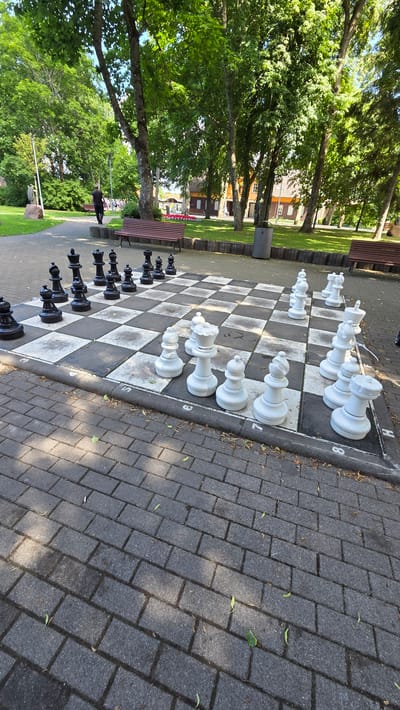 The image shows a life-sized chessboard set up outdoors in a park. The chessboard is made of black and white squares laid on a paved surface. White chess pieces, including kings, queens, bishops, knights, rooks, and pawns, are arranged on one side of the board. Black chess pieces are on the opposite side. Several benches are visible near the chessboard, and trees with lush green foliage line the background. A building with red-brown accents can be seen behind the trees. The ground around the chessboard is paved with gray interlocking bricks, and scattered leaves suggest it might be autumn or that leaves have fallen from the trees. The lighting suggests it is daytime, with dappled sunlight casting shadows on the ground. A person in a dark shirt and pants is walking away from the camera on a path behind the benches and trees. The overall scene depicts a public park in Palanga, Lithuania, offering a recreational space for playing chess. No visible text is present in the image.