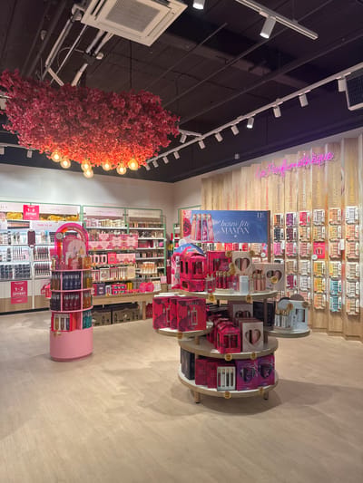 The image captures a retail space, likely a beauty or fragrance store, located in Leers, France, given the French signage. The store features a high ceiling with exposed ductwork and track lighting, alongside decorative elements like a red floral installation. The store's layout includes shelves stacked with beauty products organized by type and fragrance notes, displays featuring "Bonne Fête Maman" (Happy Mother's Day) themed products, and round tiered display stands filled with various cosmetic items. Promotions such as "1-2 OFFERT" (Buy one get one free) are prominently displayed, highlighting current sales. The floor is a light tan color with a smooth, uniform surface. The overall scene depicts a well-stocked retail environment with a focus on cosmetics and fragrance offerings.