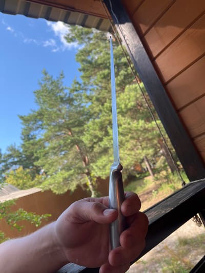 A close-up, high-angle shot shows a person's hand holding a long, thin knife with a silver handle. The knife's blade is pointed upwards and extends out of the frame. In the background, out of focus, are pine trees and a blue sky with white clouds. The scene appears to be outdoors, possibly on a porch or balcony, with wooden paneling visible on the right side of the frame. The setting is likely a rural or suburban area outside the city of Vyshhorod, Ukraine, given the presence of mature trees and a natural landscape. There are no other people or animals visible in the image.