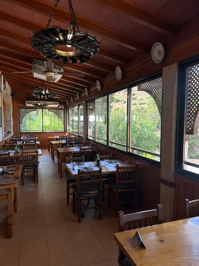 This image depicts the interior of a restaurant in Gènova, Spain. The restaurant features wooden tables and chairs, with many tables set for dining. Large windows line the walls, offering a view of lush greenery and a hillside. Decorative plates are mounted on the wooden ceiling beams, and a unique circular chandelier hangs above the dining area. Air conditioning units are visible on the ceiling as well. The atmosphere appears to be calm and ready for patrons.