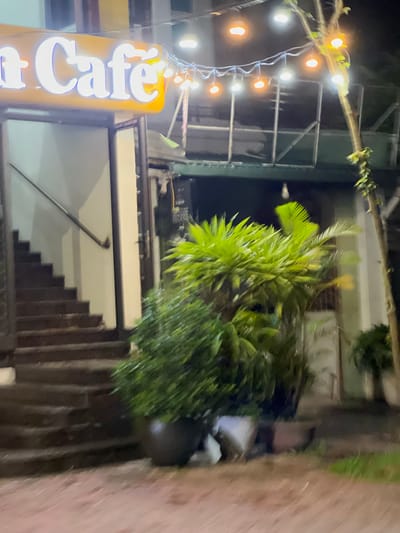 An outdoor nighttime shot shows a cafe called "n Cafe" with a lit sign. The sign is an orange rectangle with white text. String lights with yellow and white bulbs are strung above the cafe. To the left of the cafe, a set of dark stairs leads up to an entrance with a railing. Lush green plants in large pots are placed in front of the cafe and to the right. The ground in front of the cafe is paved with reddish-brown material. The overall setting suggests a street-level view of a cafe in an urban environment. The location is Minh Xuân Ward, Vietnam, as identified by context.