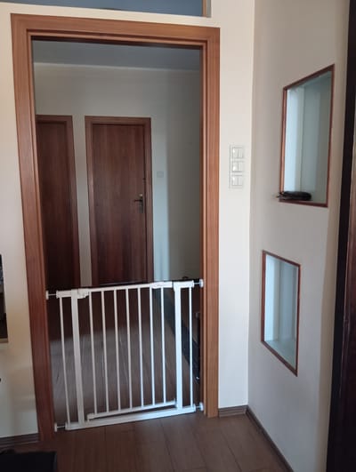 A white baby gate is set up in an open doorway, blocking access to a hallway. The doorway leads to a hallway with two closed wooden doors on the left and a light switch panel on the right wall. Beyond the hallway, another open doorway reveals more of the interior. The walls are painted a neutral color, and the floor is covered with wooden planks. Two recessed shelves with wooden frames are mounted on the right wall. The top shelf holds a dark, rectangular object. The lighting suggests an indoor, residential setting.