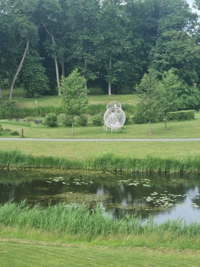 This image depicts a serene park landscape with a prominent water feature in the foreground, likely located in the city of Kuršėnai, Lithuania. The foreground consists of a calm body of water filled with lily pads and bordered by tall, lush green reeds. Beyond the water, a well-maintained lawn stretches towards a paved pathway. To the left of the pathway, there is a small garden area with purple flowers and shrubs, and a wooden post. Further back, a large, intricate white wire sculpture resembling a birdcage or abstract form stands on the grass, positioned between two young trees. The background is dominated by a dense forest of mature green trees. The overall scene suggests a tranquil, natural setting, possibly a public park or botanical garden, ideal for relaxation and contemplation. No people or animals are visible in the image.