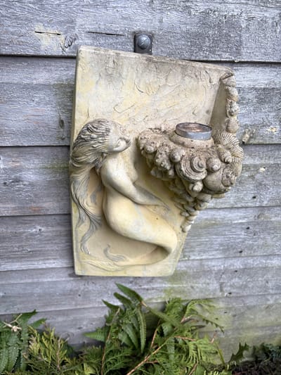 This image displays a weathered, light-colored decorative plaque affixed to a grey, horizontally planked wooden wall in Stiperstones, United Kingdom. The plaque depicts a mermaid-like figure with long, flowing hair and a curved tail, reclining towards the left. To the right of the figure, an ornate, textured mass resembling coral and seashells features a recessed cylindrical metal object, possibly a candle holder or sconce, at its apex. The plaque is secured to the wall by a single metal bolt and washer visible at the top center. The wooden wall exhibits aging and wear. At the base of the image, green foliage, primarily ferns and conifer branches, is visible on the ground level. No individuals are present in the scene.