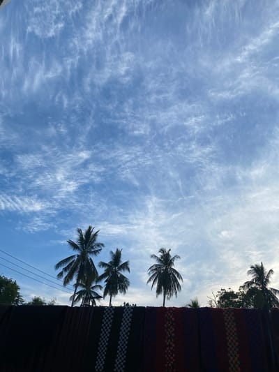 The image presents a serene upward view of a tropical sky, featuring a vast expanse of light blue overhead adorned with numerous wispy, white cirrus clouds stretching across the frame. The clouds create delicate, feathery patterns against the clear blue. Towards the upper right of the frame, the sky brightens considerably, suggesting the presence of the sun, which is obscured by clouds or positioned just out of view.

Silhouetted against this bright sky are several tall palm trees, their distinctive fronds detailed against the light. These trees appear on the right side of the image, with one prominently in the middle-right and others peeking in from the top and bottom right corners. On the far right edge of the frame, dark, patterned textiles or mats are visible, hanging vertically. These fabrics display woven designs, including horizontal bands with checkerboard patterns in colors such as red, black, and possibly blue and green, alongside sections of solid dark fabric.

The setting is an outdoor, tropical environment, consistent with Gampongaceh, Indonesia. The time of day appears to be either early morning or late afternoon, characterized by the soft, bright sunlight silhouetting the palm trees. There is no discernible activity taking place, and the scene is tranquil. No visible text is present in the image.