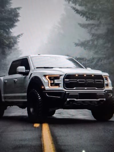 A white Ford F-150 Raptor pickup truck is parked on a wet road, with tall, dark green coniferous trees shrouded in fog on either side of the road. The truck is facing the camera, with its headlights illuminated and a prominent black grille with "FORD" written across it. The tires are large and rugged, indicating off-road capability. The road appears to be a highway or a main road, with a faded yellow line dividing the lanes. The overall atmosphere is moody and atmospheric due to the fog and the dark trees. The scene is not specifically located in the city of Argun, Russia.