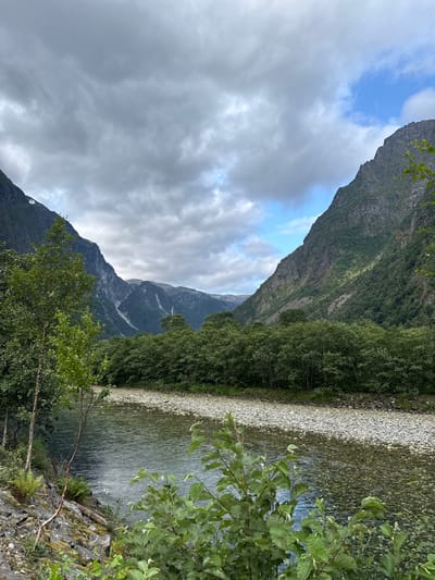 This image captures a natural landscape in Gudvangen, Norway. The scene features a wide, clear river with a rocky bed in the foreground. Lush green trees line the opposite bank of the river, creating a dense forest that extends up the steep, mountainous terrain. The mountains themselves are imposing, with rocky, uneven slopes covered in patches of vegetation. The sky above is dramatic, with heavy gray clouds dominating the upper portion of the frame, interspersed with patches of bright blue sky. Sunlight intermittently breaks through the clouds, illuminating parts of the mountainside and the water. The overall impression is one of a wild and untamed natural environment. There are no people or man-made structures visible in the image.