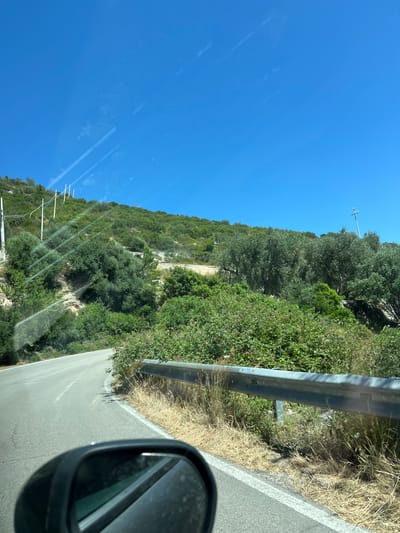 This image captures a scenic drive on a road in Mattinata, Italy, on a clear, sunny day. The road curves gently to the left, bordered by dry grass and a metal guardrail on the right. Beyond the guardrail, dense green vegetation covers the hillside. In the distance, several utility poles with wires ascend the slope, and more trees, including olive trees, are visible. The sky is a vibrant blue with a few wispy clouds. The reflection of the surrounding scenery is visible in the car's side mirror, which is in the foreground of the image.
