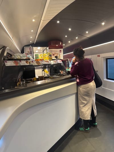 Inside a train, a person wearing a burgundy sweater and light-colored pants looks at items displayed on a small retail kiosk. The kiosk appears to be stocked with snacks, drinks, and prepared meals. The train's interior features overhead lighting and curved walls. The person is wearing black socks and black Adidas sneakers with green stripes. There is another person next to them, in a blue shirt.