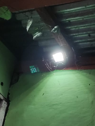 The image displays an interior scene, reportedly located in Staufenberg, Germany, captured from a low-angle perspective looking upwards. The upper section reveals a dark, corrugated metal ceiling, through which wooden structural beams are visible. Several dried leaves or fragments of vegetation are suspended from the ceiling and beams. A bright, square-shaped artificial light fixture, likely an LED panel, is centrally positioned in the upper right, emitting strong white illumination. Numerous spiderwebs are present in the immediate vicinity of this light source. Below the ceiling, the walls are painted a textured, vibrant green, showing signs of age or wear. On the upper left wall, a secondary light source with a grid pattern of nine illuminated green dots is visible. A small, dark, circular hole is observed on the far left portion of the green wall. No people, animals, or specific actions or interactions are depicted within the frame.