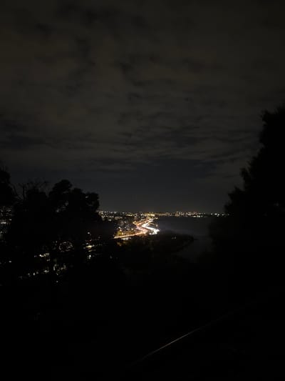 The image depicts a nighttime cityscape, likely viewed from an elevated position within Kings Park, Australia. The city lights are visible in the distance, with a prominent area of brightly lit structures possibly indicating a central business district or entertainment area. The sky is partially obscured by clouds. The foreground is predominantly dark, with silhouetted trees framing the view. A cable can be seen extending from the top right.