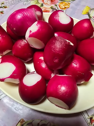 The image shows a close-up, overhead view of a pile of radishes on a light-colored oval plate. The radishes are mostly round with some irregularities and have been trimmed, revealing their white flesh and pink skin. Some of the radishes appear to have small imperfections or blemishes. The plate is placed on a surface with a floral pattern, featuring pink and yellow flowers and green foliage. The background has a purple hue and a somewhat textured appearance. The lighting suggests an indoor setting, possibly a kitchen or dining area, with no clear indication of the time of day or weather. The overall mood is neutral, focusing on the presentation of the food. No text is visible in the image. The location context provided, Ермолаевский Затон, Russia, is not directly supported by visual cues within the image itself.