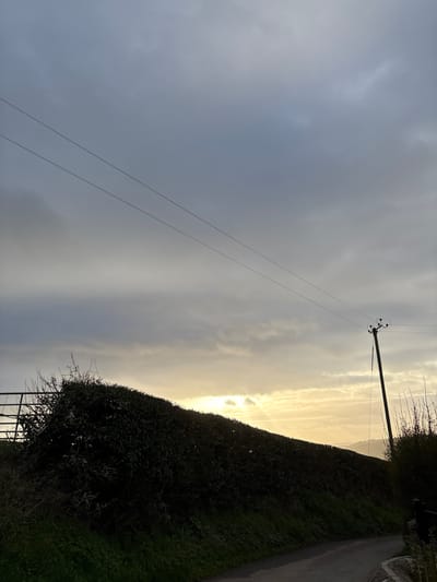 The image shows a rural road scene in Shrewsbury, United Kingdom. A utility pole with attached wires stretches across the sky on the left, contrasting with a hedge-lined road curving right on the right side of the image. The sky is overcast with diffused sunlight breaking through, creating a bright horizon. A small section of a metal fence is visible at the bottom of the frame, partially obscured by vegetation. The road appears paved and is bordered by grass and dense foliage.