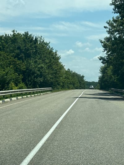 This is a landscape photograph taken from a moving vehicle on a paved road. The road features a white dividing line and a guardrail on the right side. The left side of the road is bordered by a dense forest of green trees, which extends up a hillside. Above the trees, a blue sky with scattered white clouds is visible. The image is oriented sideways, with the road running from the bottom right to the top left of the frame, and the sky and trees filling the left portion. A white vehicle is visible in the distance on the road. The scene appears to be set during the daytime, with bright lighting suggesting fair weather. The time of day is unclear but likely midday or afternoon. The location is suggested to be Saratovskaya, Russia, which aligns with the hilly, forested terrain and the presence of a road. No text is visible in the image. The overall impression is one of travel through a scenic, natural environment.