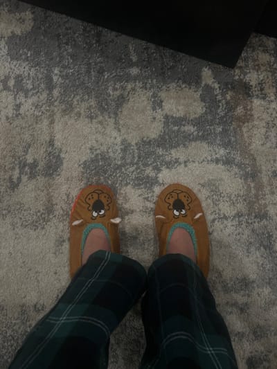 A top-down shot shows a person's feet in brown Scooby-Doo slippers, clad in green and black plaid pants. They stand on a textured gray carpet. A dark, solid object is partially visible in the left corner, possibly furniture. The slippers face upwards, and the plaid pants are visible from the knees down.