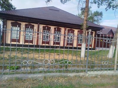 A long, low, light-beige building with a dark brown, textured metal roof is seen behind a dark grey metal fence. The building has a row of five large windows with dark brown frames and white decorative grates. The roof has decorative dark brown trim with intricate patterns below it. The fence is made of vertical bars with a horizontal bar running through it, decorated with white scrollwork. Behind the fence, the ground is covered with dry grass and some green patches. Two trees are visible in front of the building, one on the right side of the frame with white-barked trunk and another thinner tree to the left. The sky is overcast with patches of blue. The scene appears to be in Kabanbay, Kazakhstan, possibly a historical or residential building.