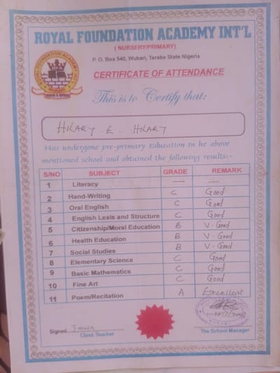This is a certificate of attendance from Royal Foundation Academy International, located in Magajin Gari, Nigeria. The certificate is for a student named Hilary E. Hilary, who has undergone pre-primary education at the school. The document details the subjects taken and the corresponding grades and remarks. Subjects include Literacy, Hand-Writing, Oral English, English Lexis and Structure, Citizenship/Moral Education, Health Education, Social Studies, Elementary Science, Basic Mathematics, Fine Art, and Poem/Recitation. Grades range from 'C' to 'A', with remarks including 'Good', 'V. Good', and 'Excellent'.

The certificate is dated 28/7/2007 and signed by "Imusa, Class Teacher" and "The School Manager". A circular stamp is present with the text "ROYAL FOUNDATION ACADEMY WUKARI" and the date. There is also a red wax seal on the bottom left. The overall impression is that of a formal educational document acknowledging a student's completion of a particular educational stage. The text is clearly legible, indicating a formal presentation of academic achievement.