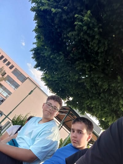 In this medium shot, three young males are seated outdoors, positioned in the lower half of the frame. The subject on the left, wearing a light blue t-shirt and glasses, gazes directly at the camera with a neutral expression. To his right, another male, in a blue t-shirt, also looks towards the viewer with a similar expression. A third individual, mostly out of frame to the right, wears a black shirt. The background features a building with multiple windows and a light-colored facade, angled upwards to the left. Overhead, a large tree with dense green foliage occupies the upper portion of the image, its leaves creating a dappled effect. The sky above is blue with a few wispy clouds, suggesting it is daytime. The setting appears to be a public space, possibly a park or school grounds, given the building and the presence of a shaded structure with a green metal frame visible behind the subjects. The overall atmosphere is casual and relaxed. There is no visible text in the image.