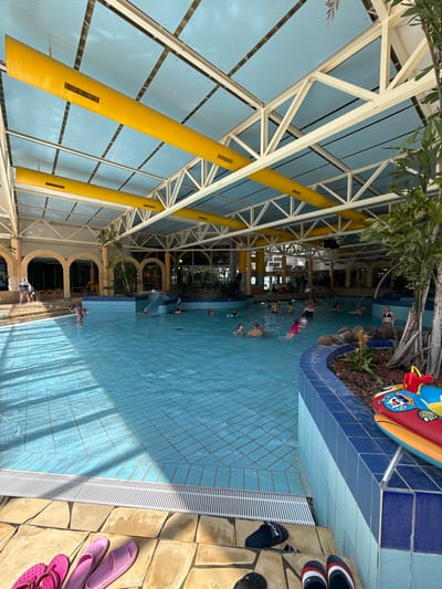 The image depicts an indoor swimming pool facility, possibly part of the "H2O" water park in Rheinbach, Germany, given the context of the location. The pool is large and filled with clear blue water, tiled with small squares. Several people, including adults and children, are visible in the water, engaged in various activities such as swimming, playing, and relaxing. There is a small slide in the pool area. The ceiling of the facility is high and features a light blue translucent material supported by a white metal structure, with large yellow ventilation pipes running along it. The pool is surrounded by a tiled edge and a stone-tiled deck area where several pairs of flip-flops and sandals are placed. Lush green plants and trees are visible both inside and outside the pool area, adding to the atmosphere. The overall environment suggests a recreational and family-friendly setting.
