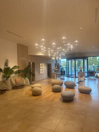 The image captures the interior of a modern building, located in Marcq-en-Barœul, France. The space features a polished tiled floor, leading towards large glass doors that offer an exterior view of greenery and a building across the street.
Overhead, a cluster of clear, spherical pendant lights hangs from the ceiling, creating a contemporary and airy atmosphere. The seating area is arranged with a series of pebble-like poufs in various shades of beige and gray. Wicker chairs with light-colored cushions and potted plants are also part of the seating arrangement.
To the side, a wooden structure with the words "BORNE AUTOMATIQUE" is visible, indicating the presence of an automated kiosk or service point. Further into the building, a display case filled with decorative objects can be seen.
The overall environment suggests a public space, such as a hotel lobby or a waiting area, designed with modern aesthetics and a focus on natural light and comfortable seating. There are no people visible in the image, and the setting appears calm and well-maintained.