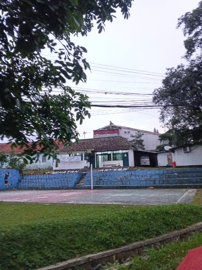 The scene depicts an outdoor sports facility and adjacent buildings under an overcast sky, located in the city of Phước Hòa, Vietnam.
In the foreground, a strip of green grass borders a low concrete or stone retaining wall. A partial red object is visible on the far right. The midground features a multi-purpose sports court, identified by a white net pole positioned on its left side. The court surface shows wear. Directly behind the court are blue concrete tiered bleachers. A mural of a person in a dynamic pose, resembling a volleyball player, is painted on the left section of the blue wall. Text, "SEHATAN ARMEDS I," is painted in white letters across the blue bleacher wall.
Behind the bleachers, a single-story white building with a dark-tiled, sloped roof is prominent. This building has several windows and a white sign mounted on its facade. To the right of this building, a light-colored van is parked under a covered, open-sided structure. Further right, another smaller, white single-story building is visible, with a red cylindrical object near its entrance.
The background reveals a larger, multi-story building with a reddish-tiled roof situated behind the central white building. A network of dark utility wires spans horizontally across the upper portion of the frame against the grey sky. Various trees with dense green foliage frame the scene from the upper left and right, with leaves partially obscuring the view. No people are visible in the image.