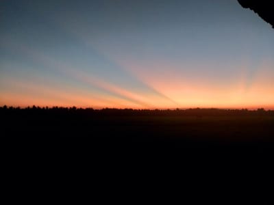A wide-angle, low-angle shot captures a picturesque sunset in Labissa, Indonesia. The sky transitions from a deep blue at the top to a soft orange near the horizon, with visible crepuscular rays emanating from behind a silhouetted treeline. The treeline, possibly a row of coconut trees, stretches across the middle ground. The foreground is entirely black, obscuring any details of the land or ground. No people, actions, or interactions are visible in the frame. The overall mood is serene and natural.