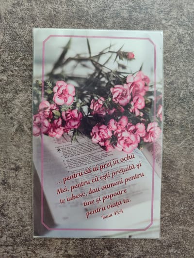This is a top-down, medium shot photograph of a postcard-like object with a floral image and text, placed on a textured, grey surface. The object is rectangular and has a light pink border surrounding a printed image of pink carnations resting on an open book. The book appears to be a Bible, with visible text in English on the left page and Romanian on the right page. The English text is in smaller font, and the Romanian text is larger and bolded. The Romanian text is partially obscured by the flowers and the border. The overall setting suggests an indoor or personal space, not a specific location in the city of Costești, Moldova.