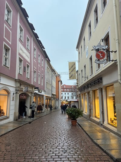 The image depicts Rabener Passage in Meissen, Germany, a narrow cobblestone street viewed looking down its length. The street surface is wet and reflective under an overcast sky.
On the left side, a multi-story building with a pale reddish-pink facade features multiple windows with white frames. The name "Rabener Passage" is vertically inscribed on its wall. At street level, an entrance displays a sign for "Rabener Keller." Two individuals are observed near this entrance: one in a dark jacket, the other in a light grey jacket. Further down the street on the left, additional buildings of varying colors, including grey and orange, recede into the distance. A shop sign for "SONJA" is visible on a building further down the left.
On the right side, a multi-story building with a pale yellow facade houses "Konditorei Café Schreiber," identified by a prominent wrought-iron hanging sign featuring a red circle with a white figure, and text indicating "Konditorei Café Schreiber." The storefront features large, brightly lit display windows. A potted green plant sits on the sidewalk in front of this building.
Overhead, decorative string lights span across the street. A large banner displaying "Sächsische Konditorei Waren" (Saxon Confectionery Goods) is suspended further down the street. In the mid-ground, a group of approximately three to five individuals walks away from the viewer along the wet cobblestone street. Additional indistinct figures are visible further in the distance. Artificial lighting emanates from the shop interiors, providing warm illumination against the subdued natural light of the overcast environment.