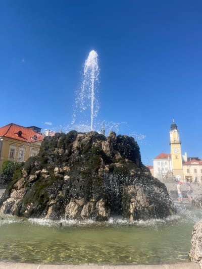 This image shows a public fountain in the city of Banská Bystrica, Slovakia. The fountain is made of a large, moss-covered rock formation with water spraying upwards from its peak. In the background, there are several buildings, including a yellow building with a clock tower, and a building with a red tiled roof. The sky is clear and blue. There are a few people visible in the background, some standing near the fountain and others walking. The water in the fountain basin is clear and appears to be reflecting the sunlight. The overall scene depicts a sunny day in a public square.