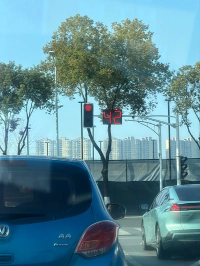 The image presents an urban street scene in Jianye District, China, under a clear blue sky. The viewpoint is from inside a vehicle stopped at a traffic light, looking forward. In the immediate foreground, the rear of a blue Changan BenBen hatchback is visible, featuring Chinese characters "奔奔" and "BLUE CORE" badging. To the right of this vehicle, the rear-left quarter of a light green sedan is observed, also stationary in an adjacent lane.

In the midground, a traffic light displays a solid red signal, accompanied by an illuminated digital countdown timer showing the number "42." This signal and timer are mounted on an overhead gantry structure. Several deciduous trees with sparse foliage line the street. A streetlamp pole stands upright.

The background reveals a densely packed skyline of numerous light-colored high-rise residential buildings, extending across the horizon. A dark, possibly mesh, fence or barrier runs horizontally below the distant buildings, separating them from the immediate road environment. White parallel lines, indicative of a pedestrian crossing, are visible on the asphalt surface in the lower right portion of the frame. No individuals are visible.